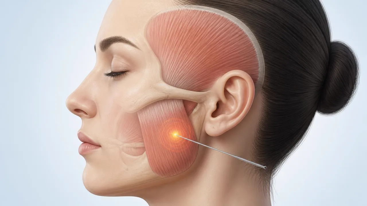 Ilustração do agulhamento a seco em ponto-gatilho do músculo masseter para tratamento complementar da dor miofascial associada à DTM.