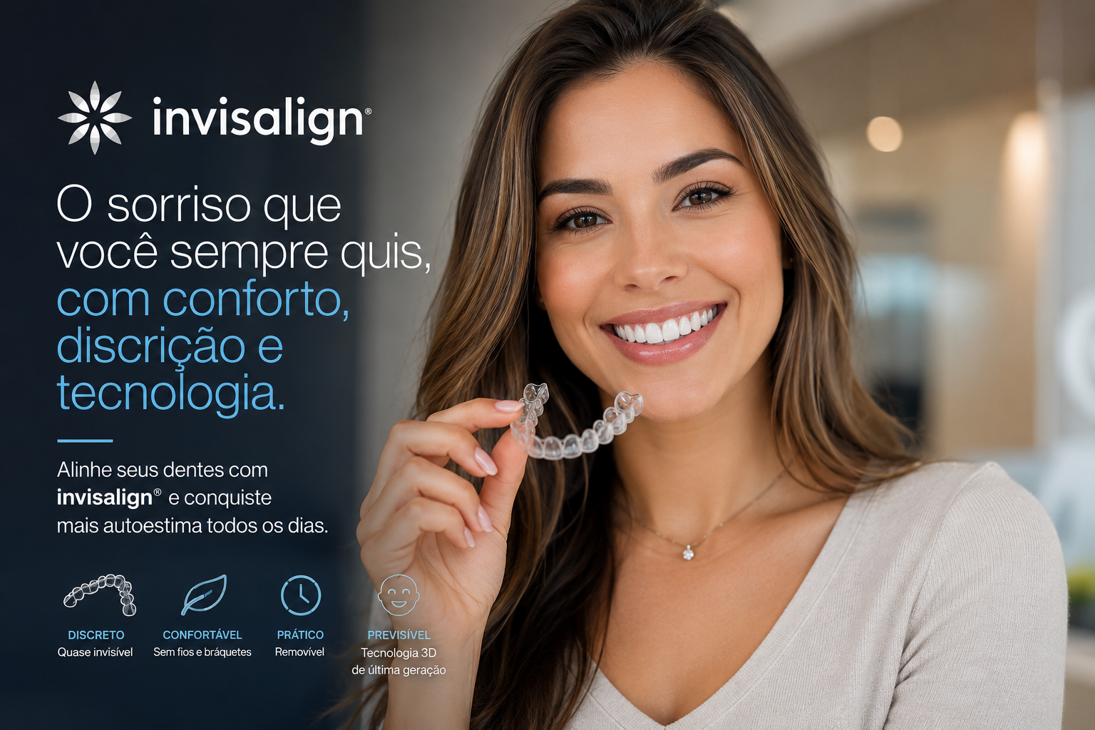 Paciente sorrindo segurando alinhador Invisalign — tratamento em Brasília
