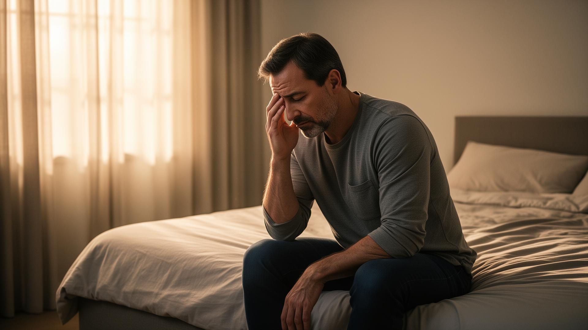 Homem cansado sentado na beira da cama pela manhã, sinal de sono não reparador