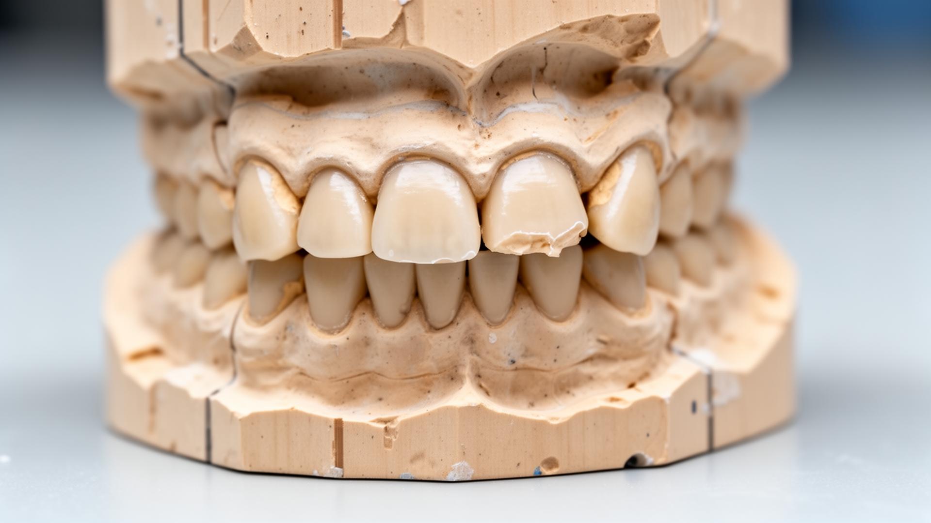 Modelo dental mostrando desgaste acentuado dos dentes por bruxismo