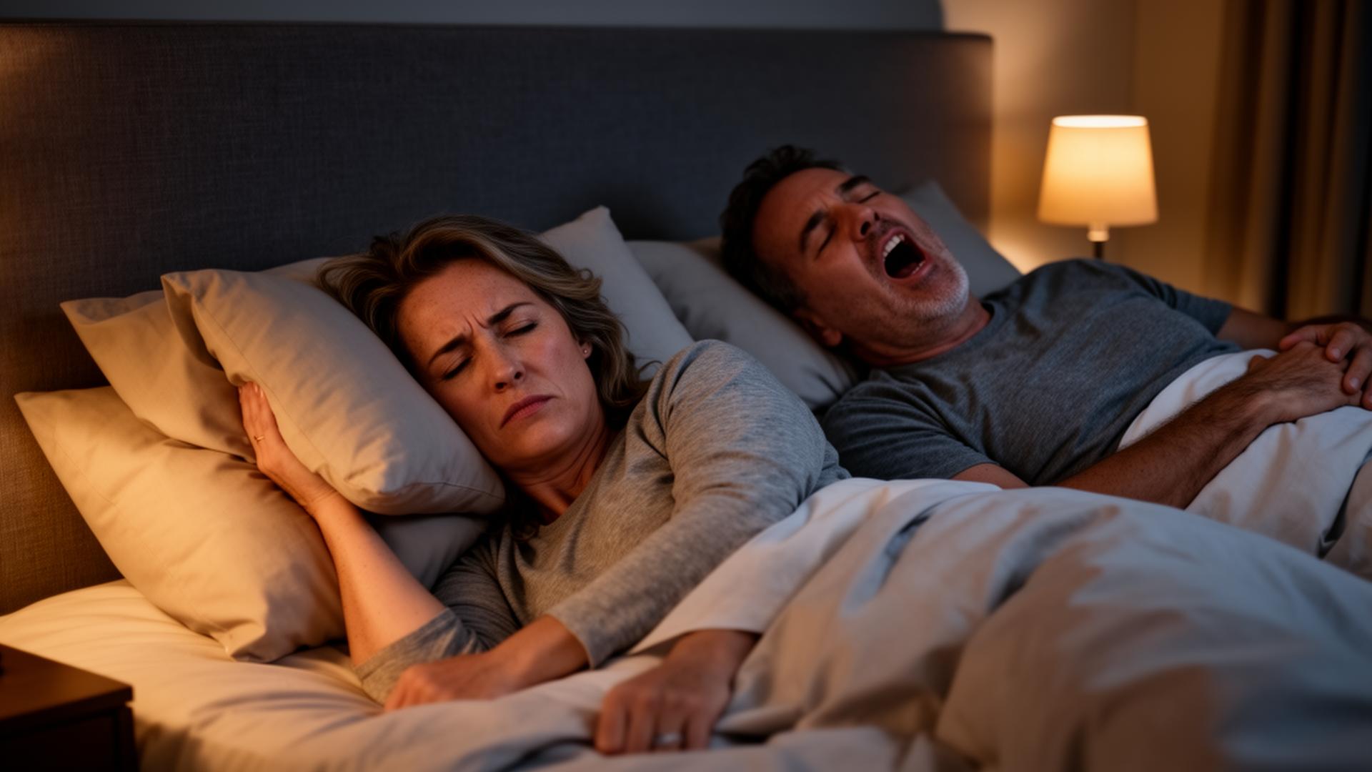 Casal na cama à noite com homem roncando e parceira incomodada