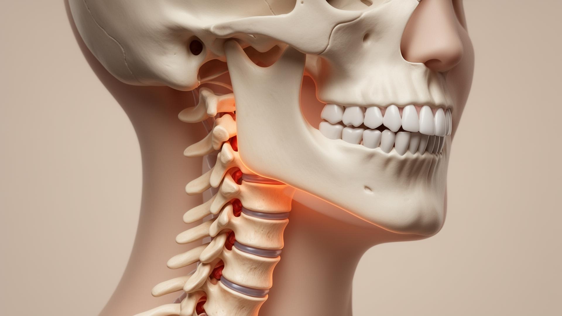 Ilustração anatômica da relação entre ATM, mandíbula e coluna cervical