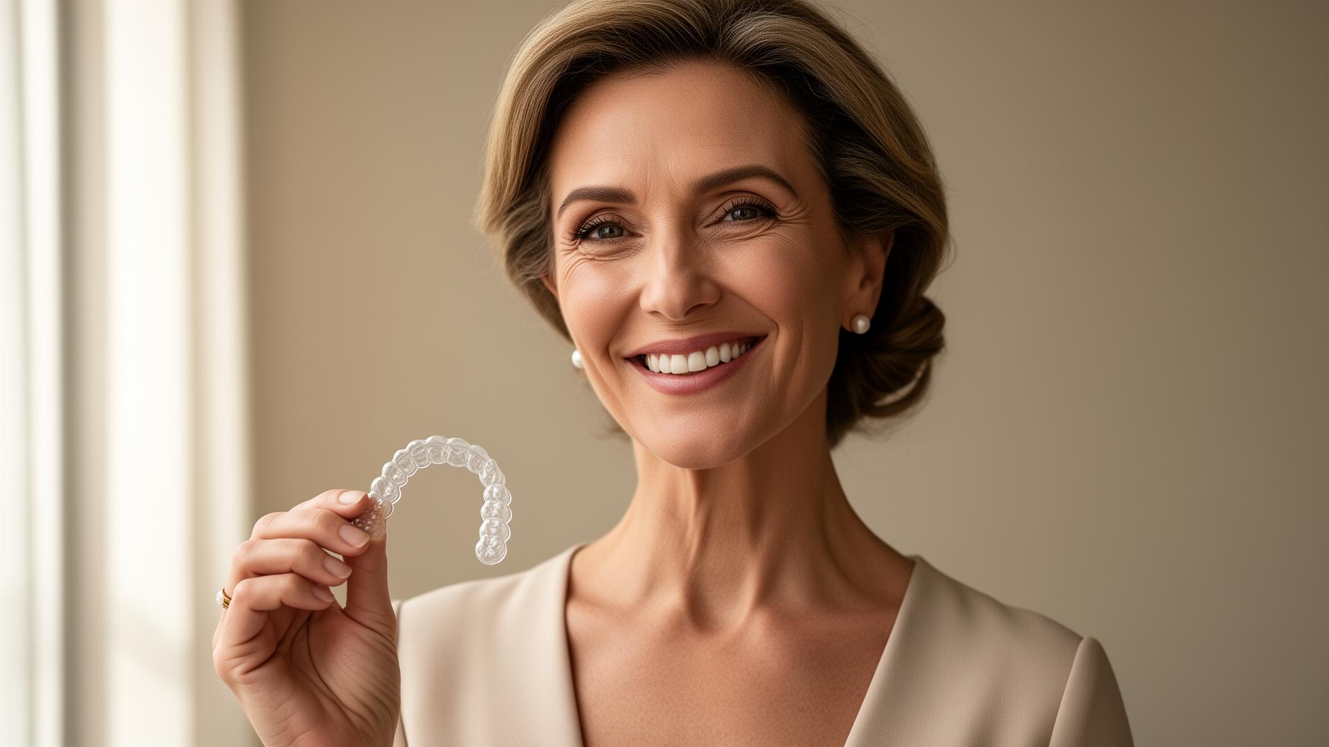 Mulher madura sorrindo com alinhador transparente, ortodontia adulta com Invisalign