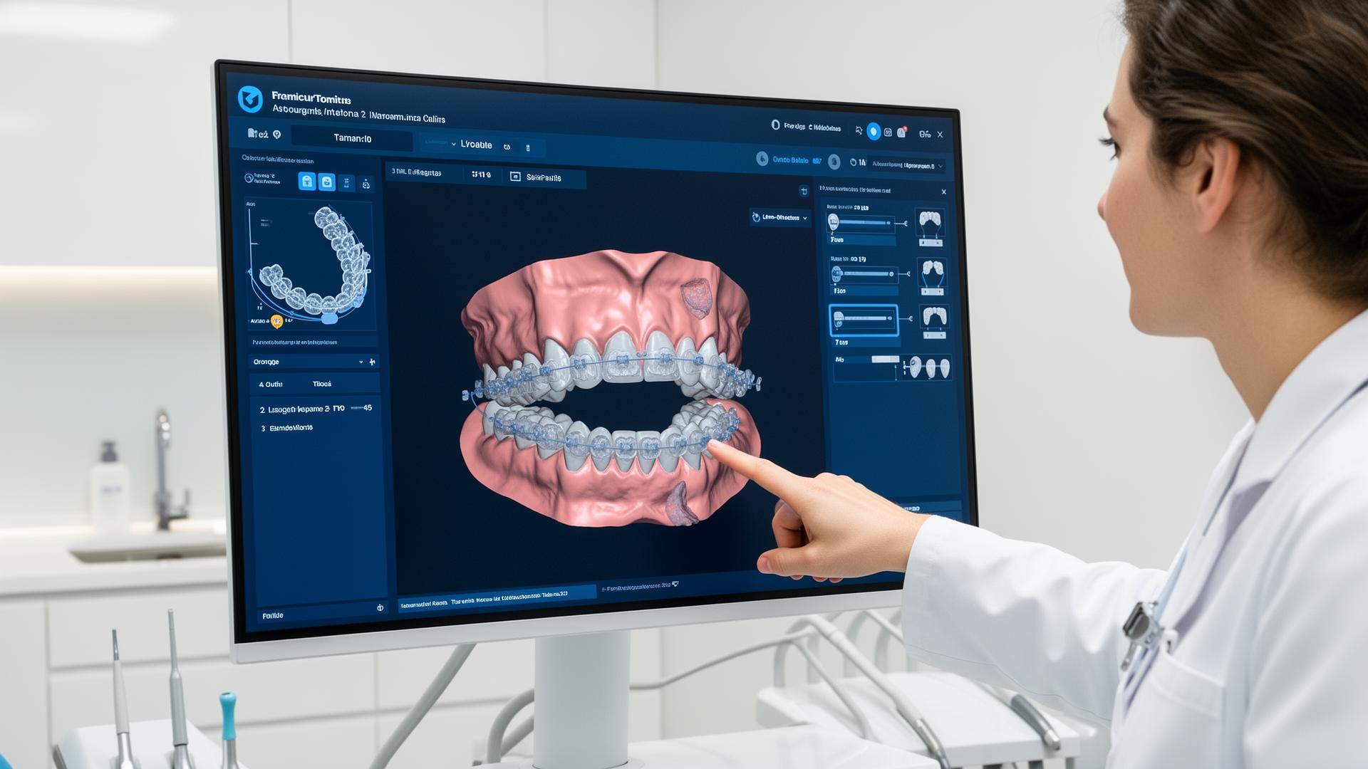 Planejamento digital 3D de Invisalign para caso complexo, ortodontista analisando movimentações