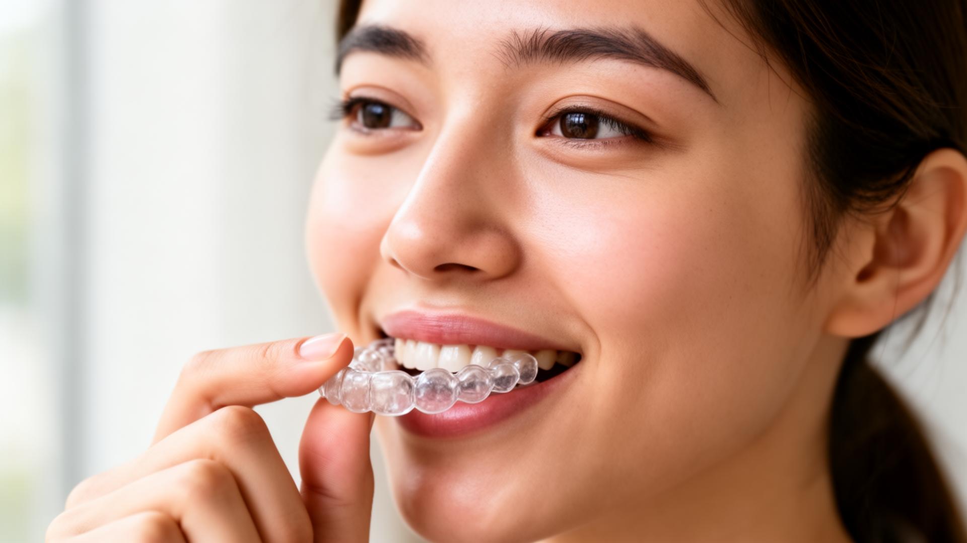Jovem colocando alinhador transparente, mostrando que o desconforto com Invisalign é leve