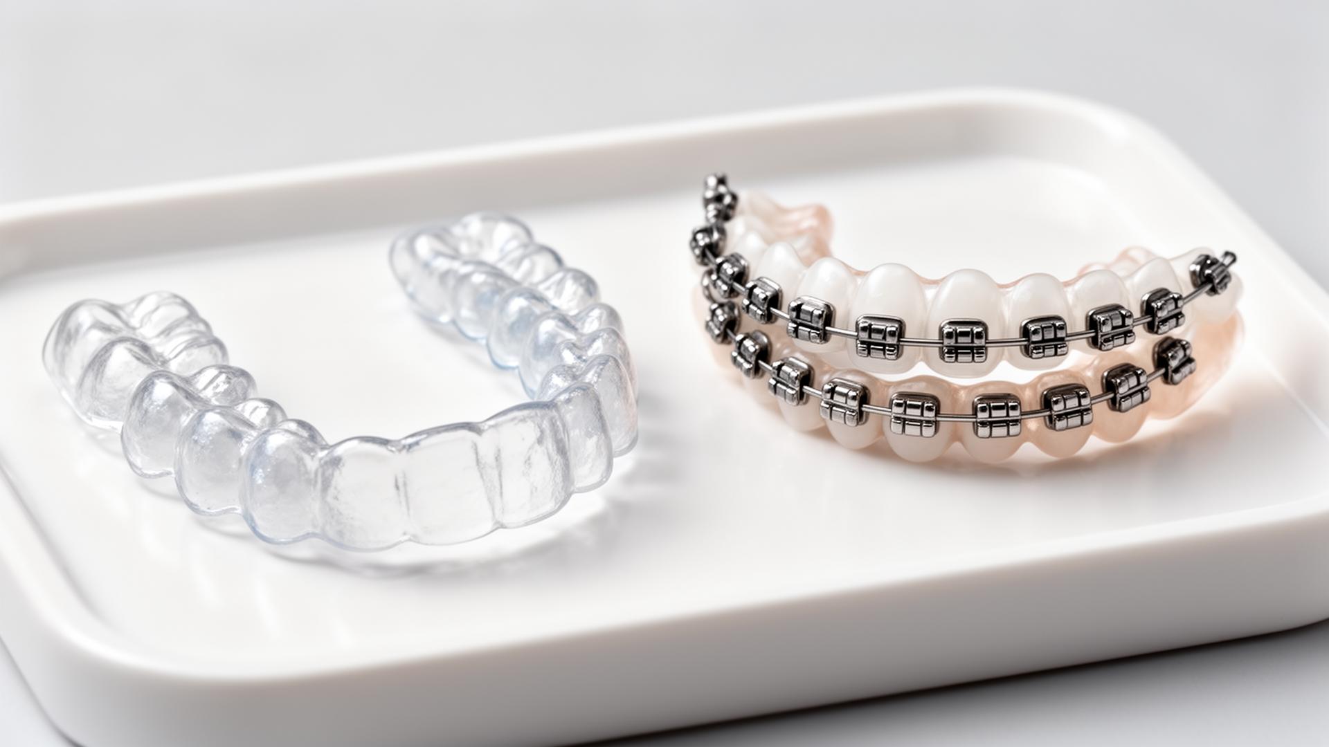 Alinhador transparente Invisalign e aparelho fixo metálico lado a lado para comparação