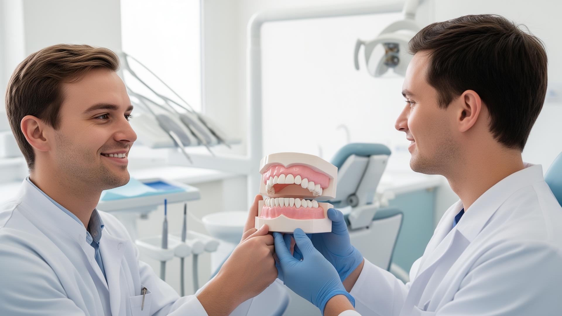 Ortodontista demonstrando relação entre mordida, oclusão e ATM com modelo dental