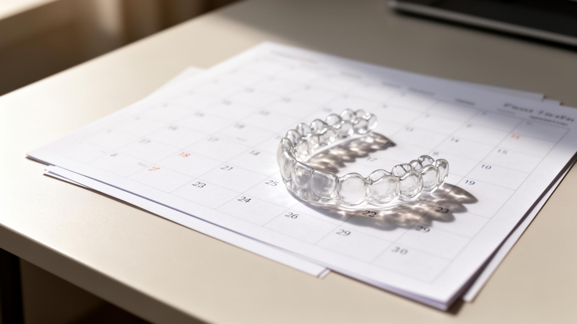 Alinhador transparente sobre calendário, representando duração do tratamento com Invisalign