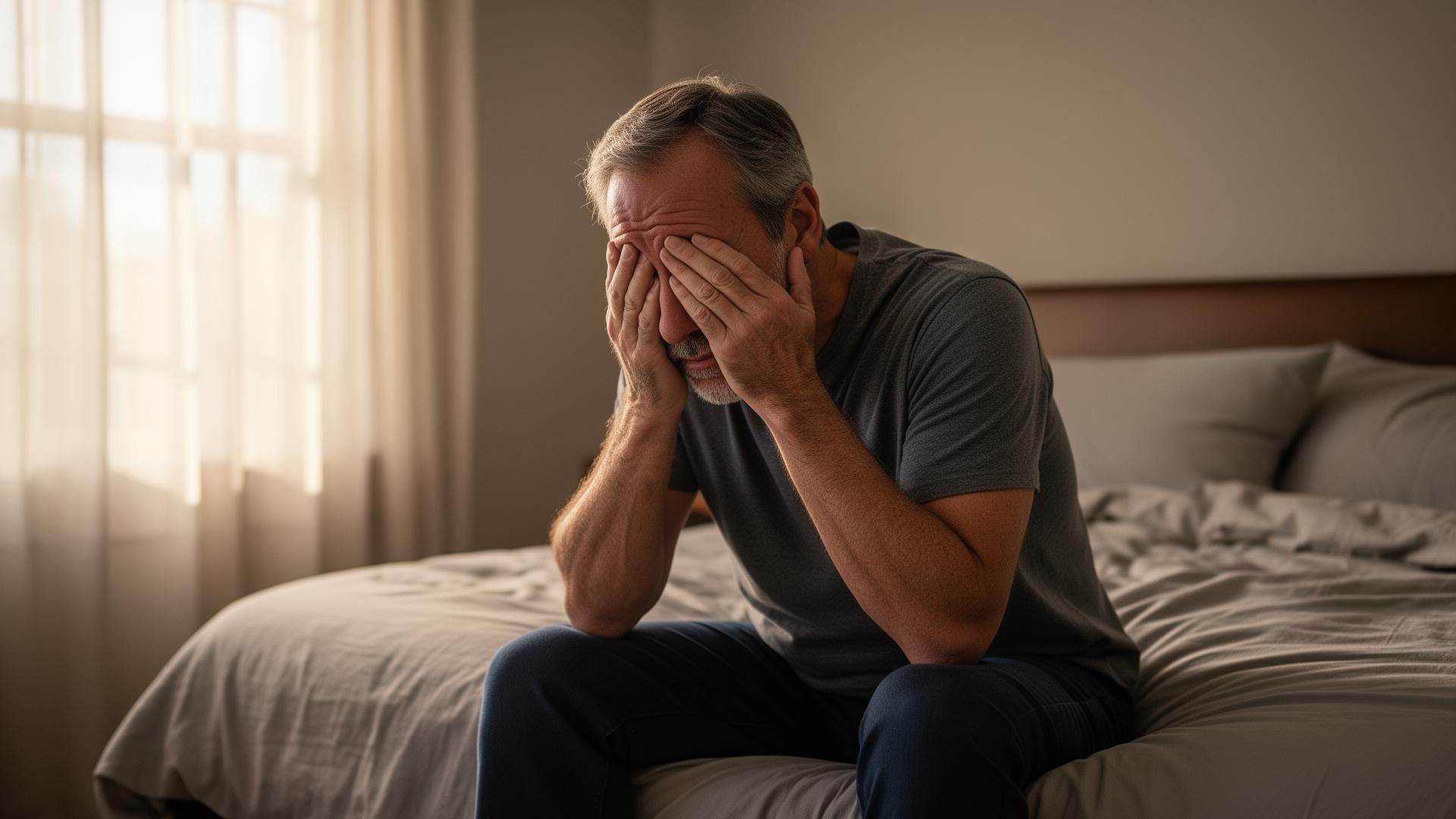 Homem cansado sentado na beira da cama ao amanhecer, dúvida sobre ronco e apneia