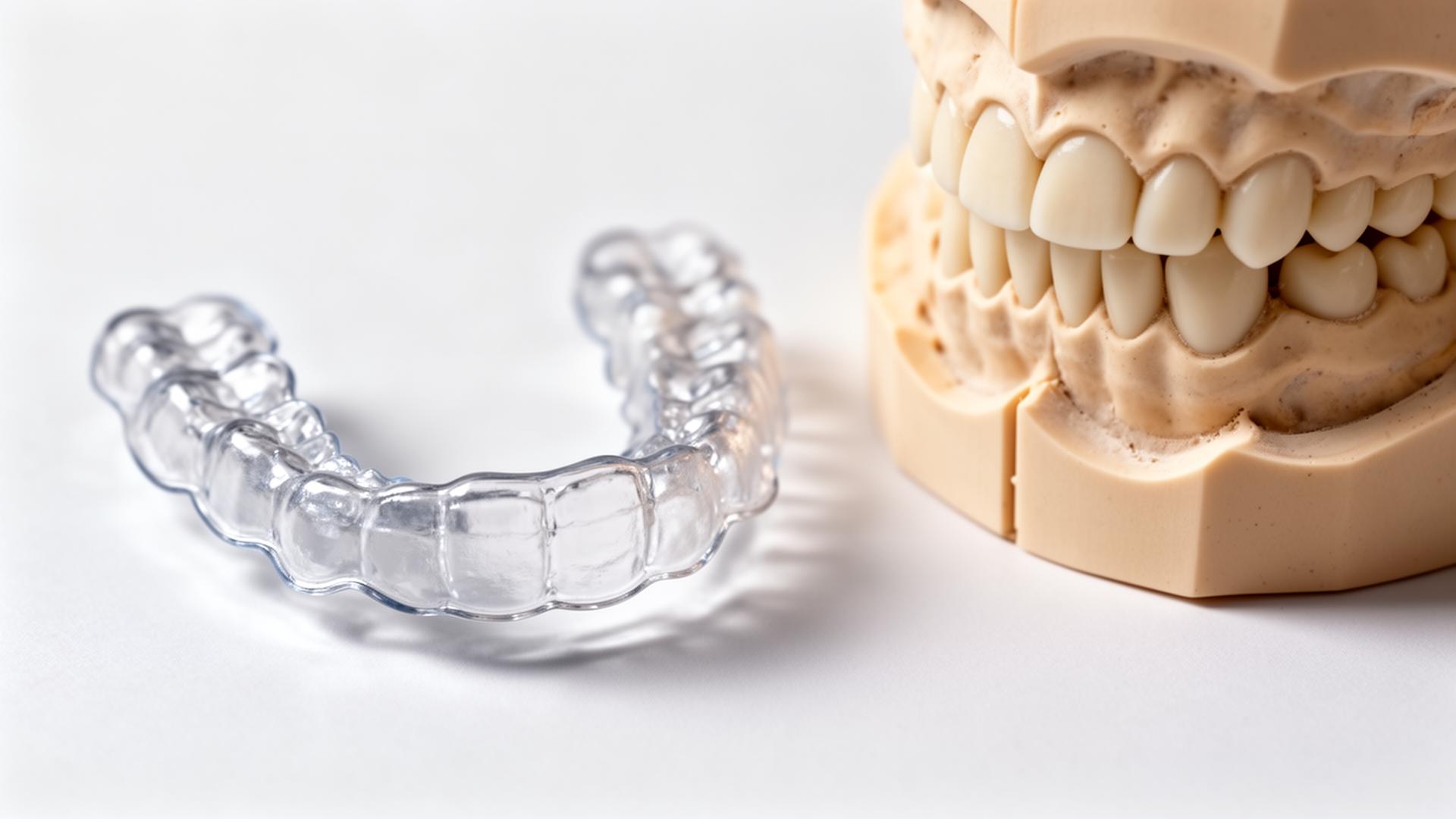Contenção transparente ao lado de modelo dental com leve apinhamento — recidiva ortodôntica