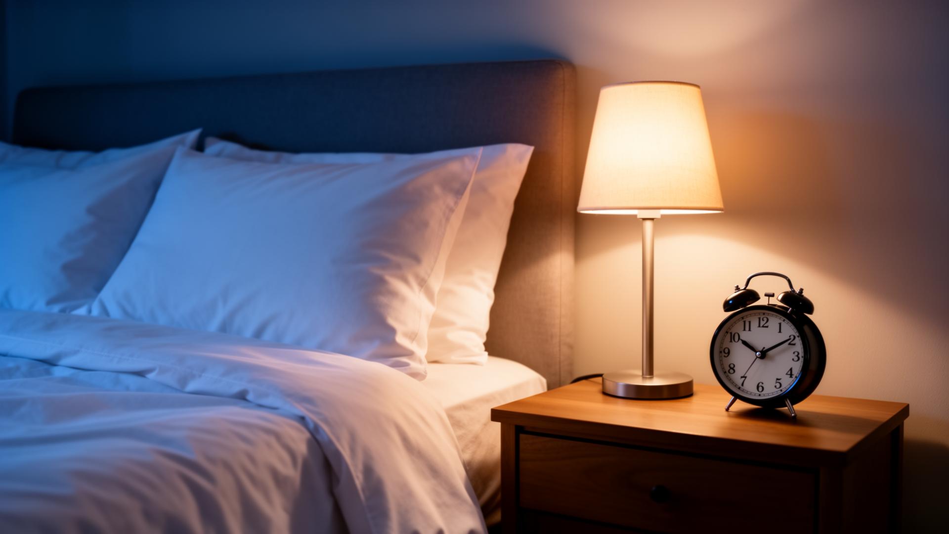 Quarto à noite com luminária acesa e relógio na mesa de cabeceira